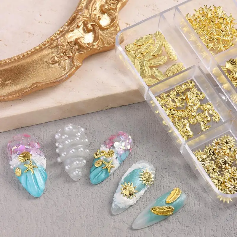 1 Box Alloy Nail Jewelry Mixed Manicure Studs Decor Metal Summer Ocean Nail Art Charms 3D Shell Starfish Seahorse Pearl Beads