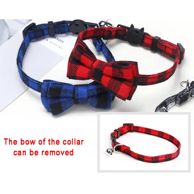 Bowknot Breakaway Cat Kitten Collar Bow Tie Adjustable Dog Collar with Bell Plaid Safety Buckle Christmas Pet Collar Necklace