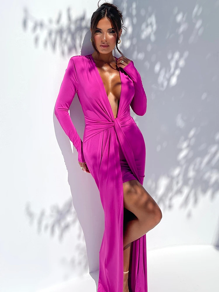 Articat Sexy Deep V Long Sleeve Bodycon Women's Dress Slim Fit Lace Up High Split Female Maxi Dress Party Club Evening Dress