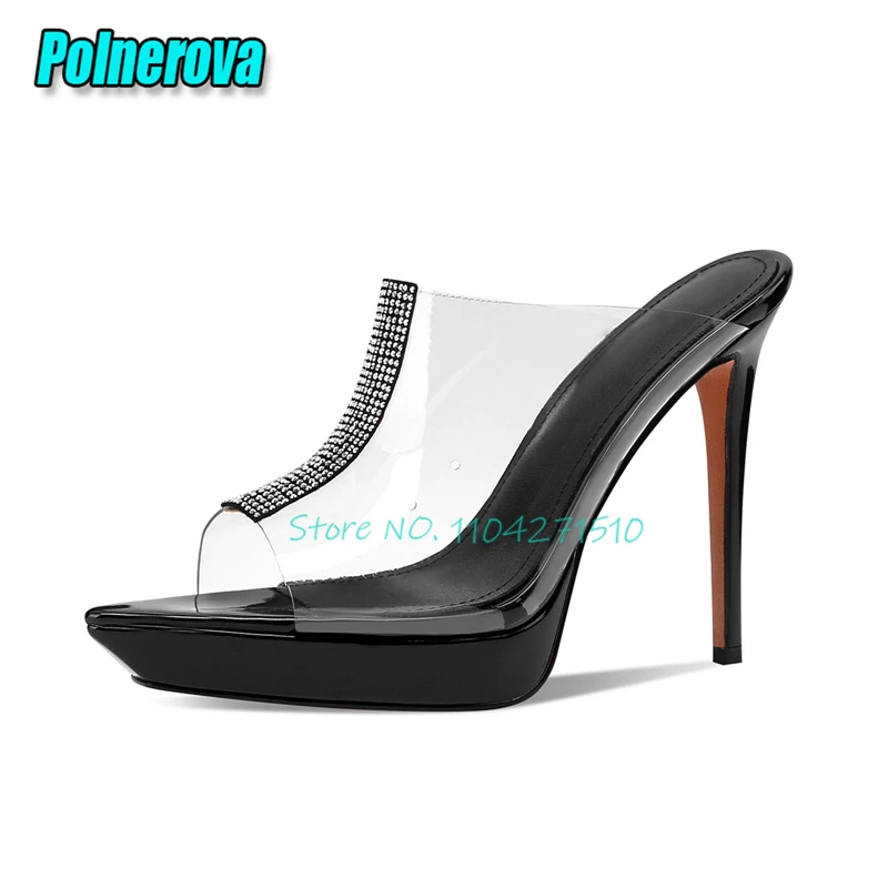 Summer Fashion Platform Peep Toe High Heels for Women Sexy Rhinestone Transparent PVC Stiletto Slippers Luxury Party Dress Shoes