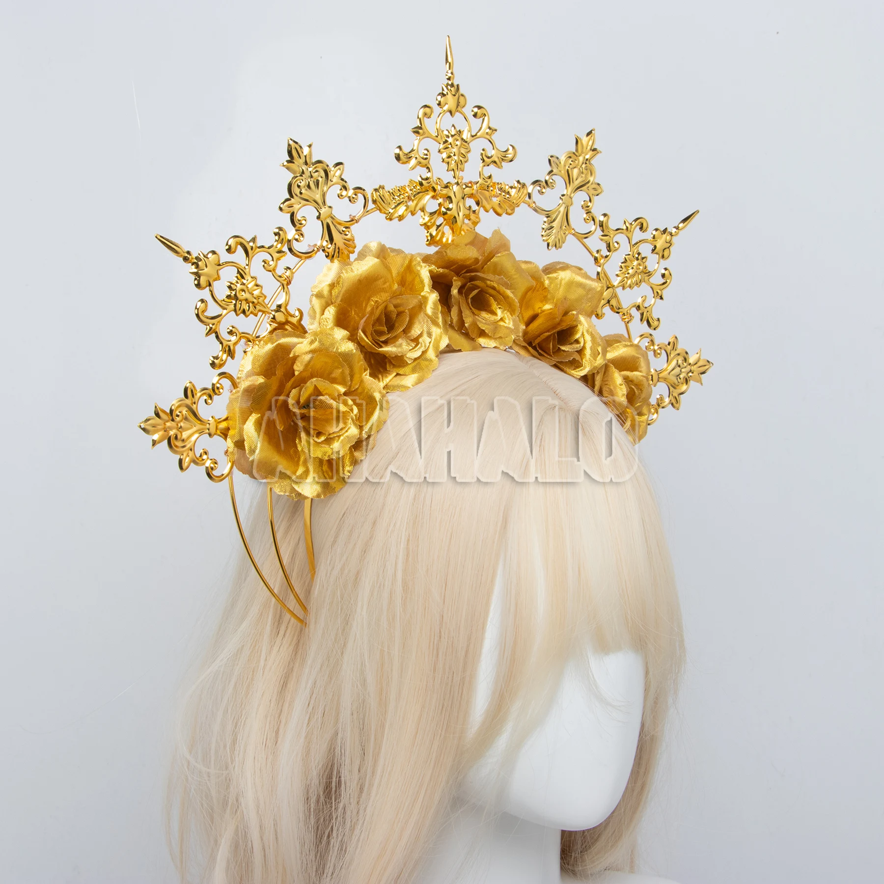 Gold Rose Flower Halo Crown Mary Goddess Festival Queen Crown Tiara Maternity Photo Shoot Headpiece Women Halloween Headband