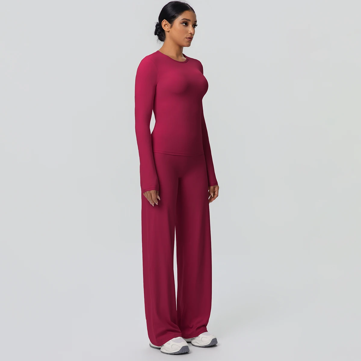 2 stück Frauen Gym Yoga Set Lauf Shirts Schlank Lange Ärmel Workout Top Schnell Trocknend Hohe Stretch Breite Bein Hosen dünne Yoga Set – Detail 36
