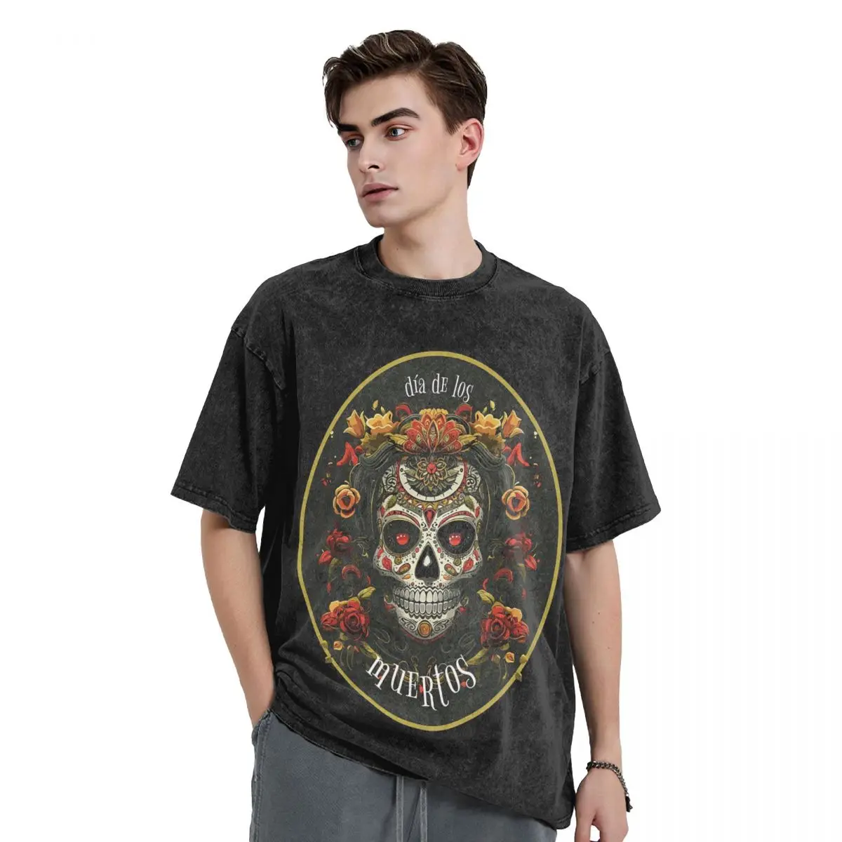 Mexican Catrina Girl Day Of The Dead Sugar Skull Washed T Shirts Printed Short Sleeve Hip Hop T-Shirt Streetwear Tops Tees