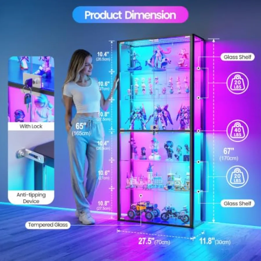 6-Tier RGB Glass Display Cabinet with Door for Living Room, Tempered Glass, Black, Adjustable Shelves and Locking Mechanism