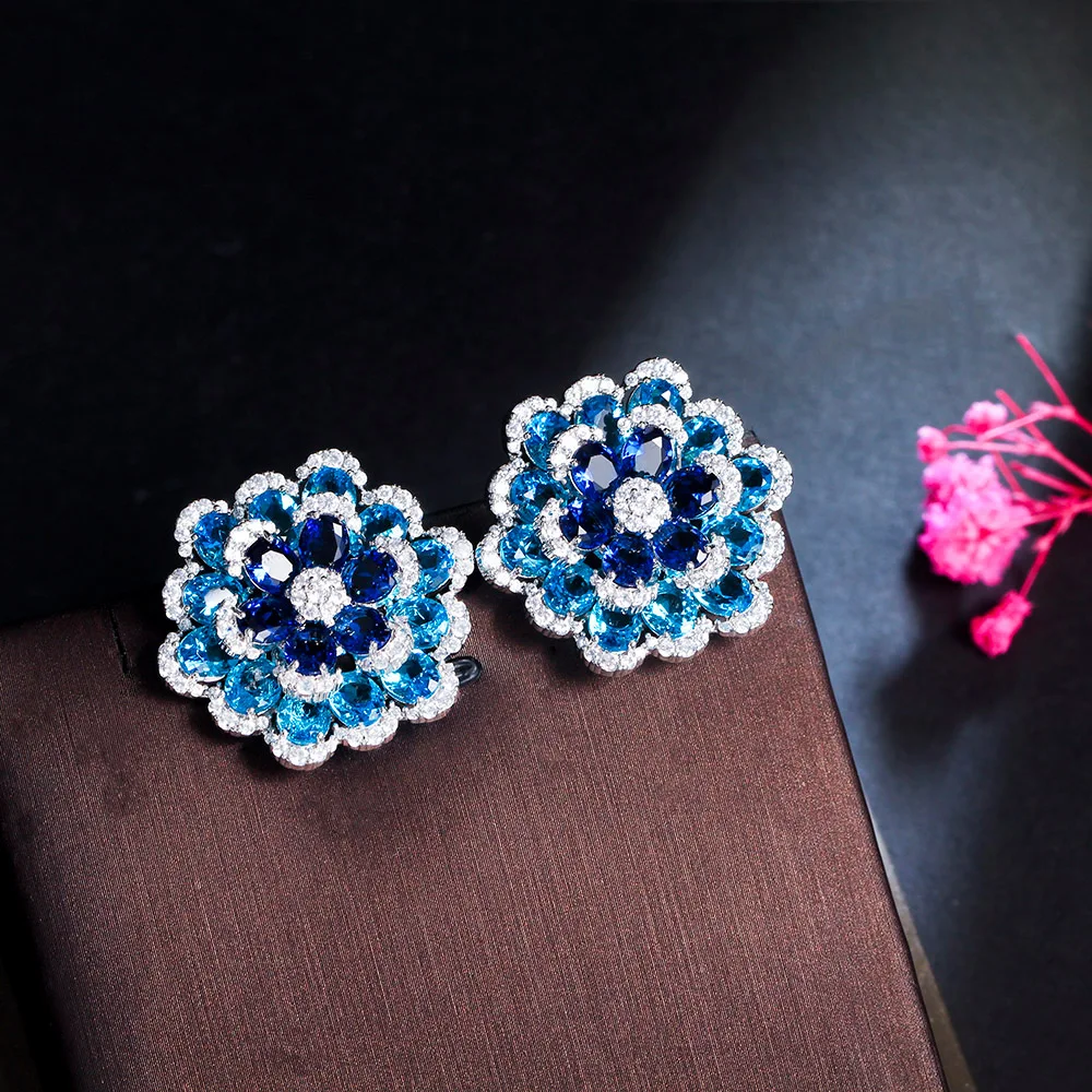 CWWZircons Art Deco Multiple Blooming Flower Blue Cubic Zircon Big Fancy Geometric Earrings for Women Fine Jewelry Gift CZ287