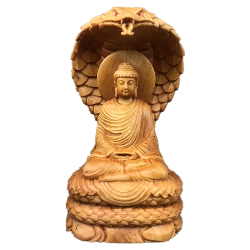 Arborvitae Wood Carving Snake Buddha Sakyamuni Buddha Statue Home Living Room Buddhist Hall Worship Decoration Vairocana