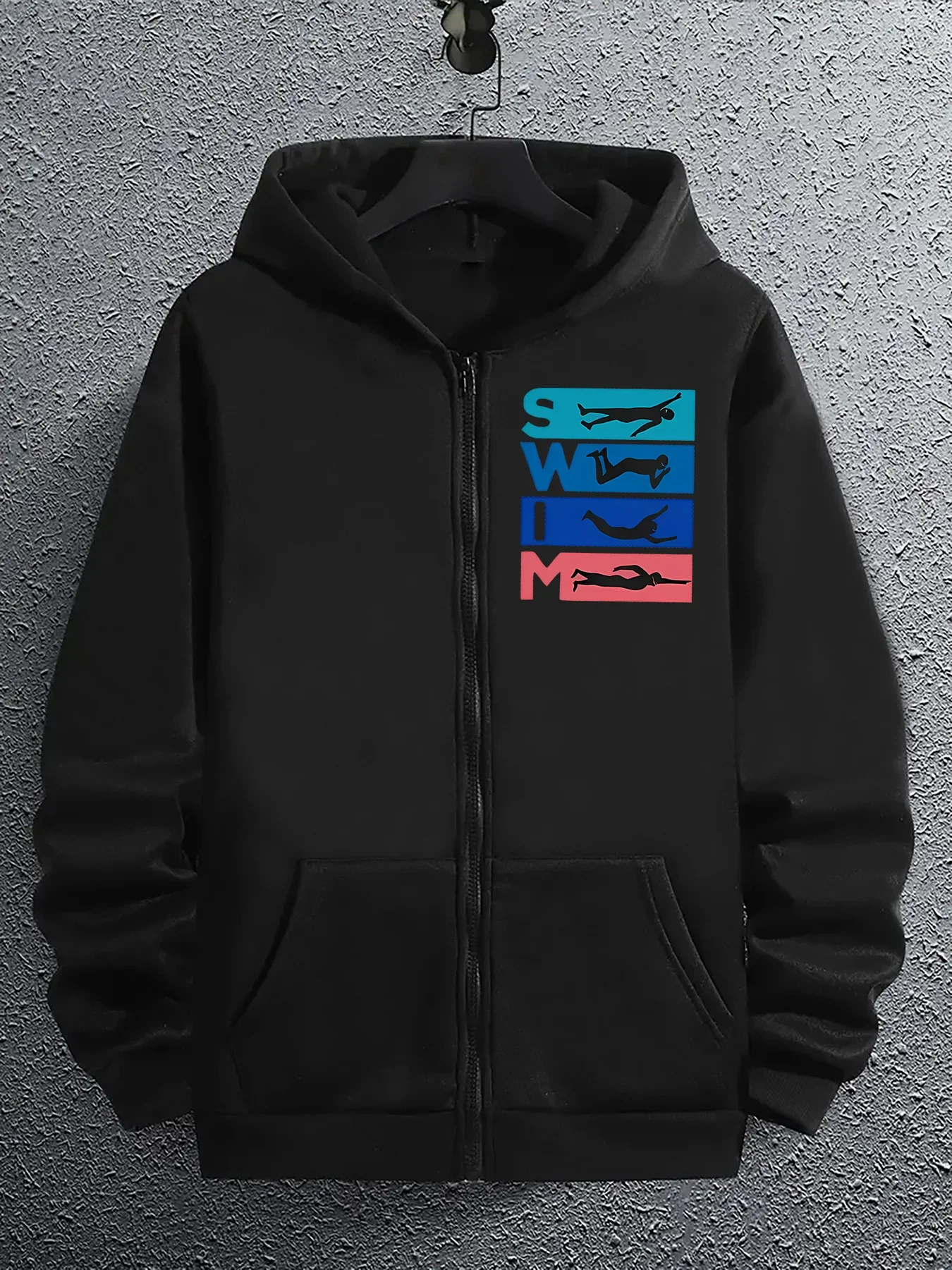Men's and women's long sleeved loose zipper sweatshirt jacket, SWIM English letter pattern, warm and comfortable fabric