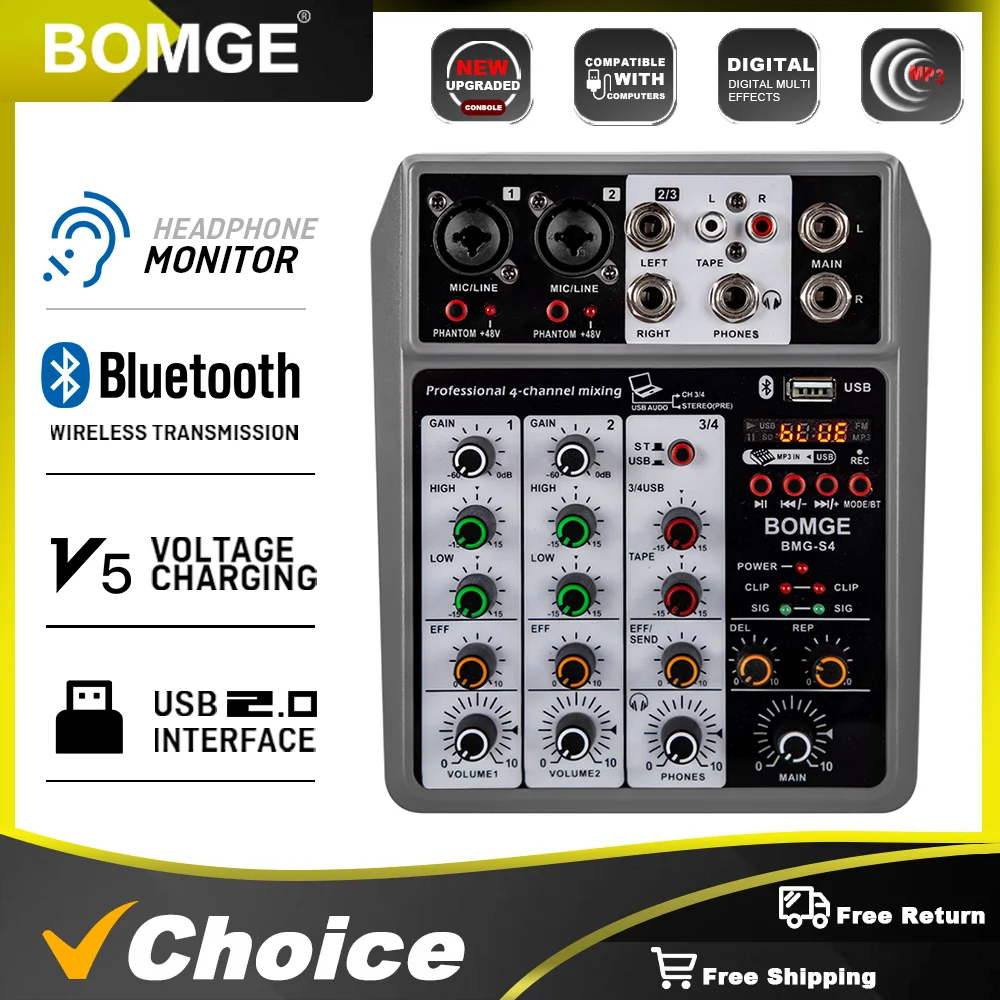 

BOMGE Professional Audio Mixer, 4 Channel Digital USB Bluetooth Echo Delay Effect for Recording, Live Streaming, Podcasting