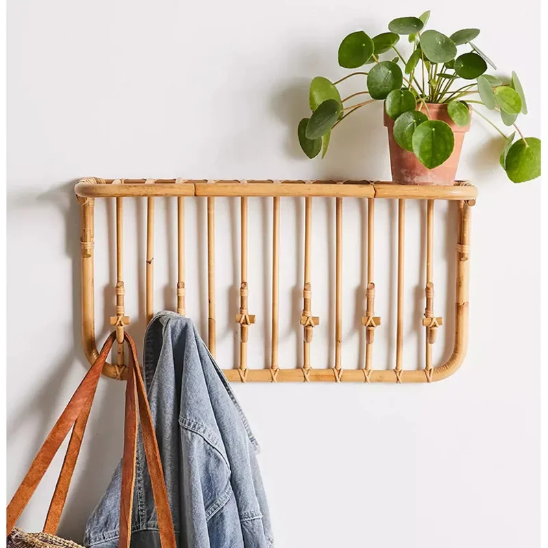 Vintage Rattan Woven Clothes Rack Bedroom Creative Coat Stand Multifunctional Storage Shelves Entrance Wall Mounted Bag Hooks