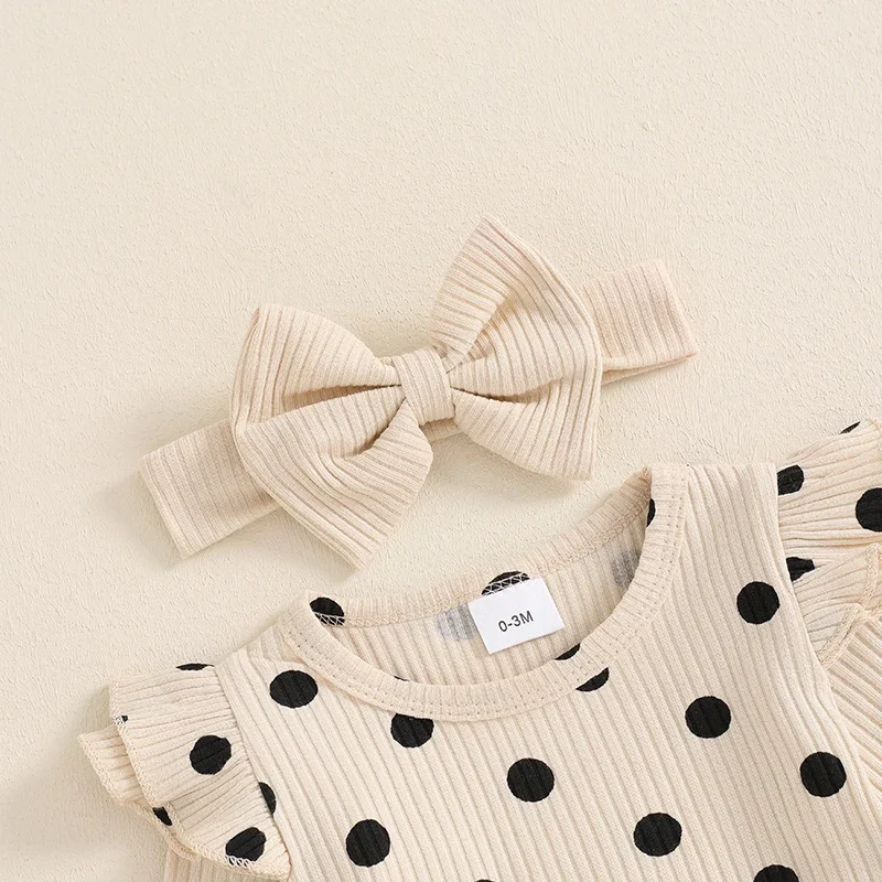 Conjunto de roupas de outono para bebês meninas manga comprida com estampa de pontos e calças e faixa de cabeça com laço