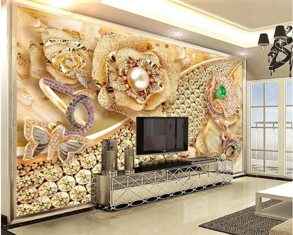 beibehang Customized modern papel de parede light luxury living room TV back pearl flower gold decoration high-grade wallpaper