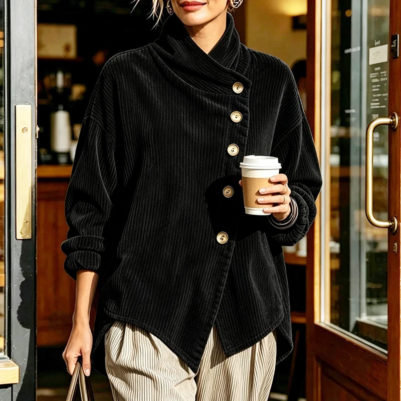 Autumn Winter Corduroy Jacket For Women Wrap Cowl Neck Long Sleeve Loose Coat Irregular Button Jackets For Women Sweatshirts