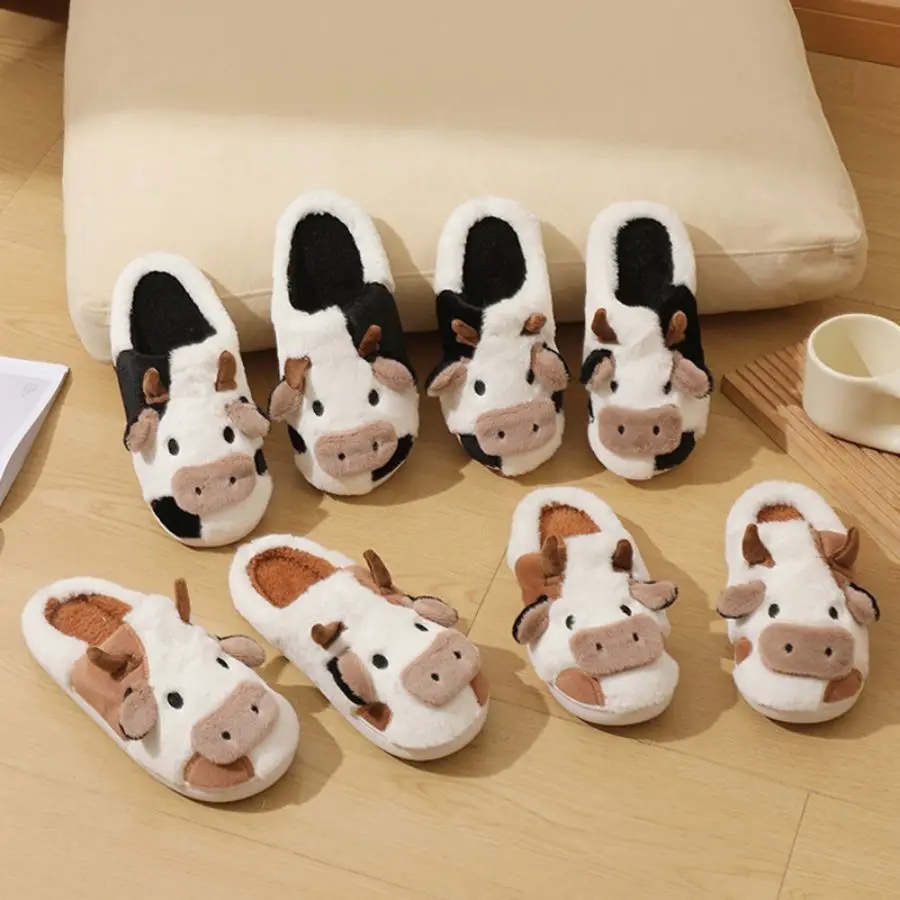 Couple Indoor Cow Plush Slippers Autumn And Winter Indoor Household Cotton Slippers For Warmth Thick Bottom And Thick Plush Slip image 3