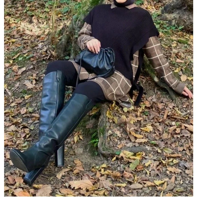 Black Knee High Matte Leather Boots Chunky Heel Sexy Fashionable Cool Winter Casual Big Size Woman Shoes Zapatillas Mujer