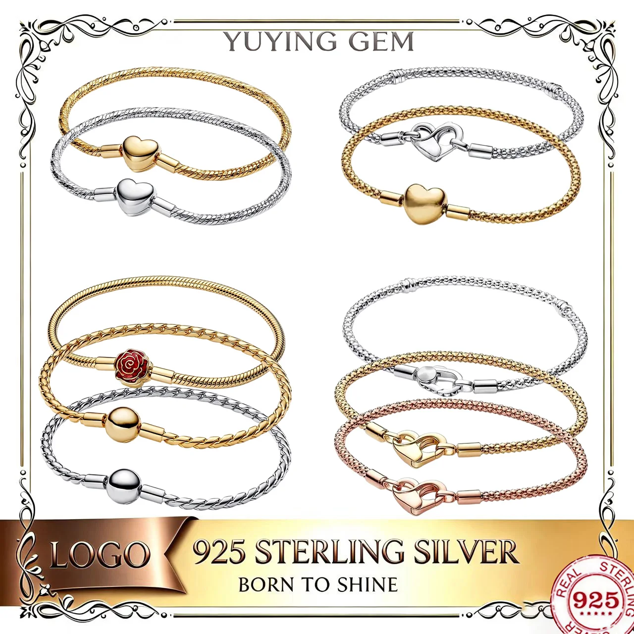 2026 New Model 925 Silver Shining Hidden Heart-shaped Rose Bracelet - DIY Exquisite and Attractive Jewelry