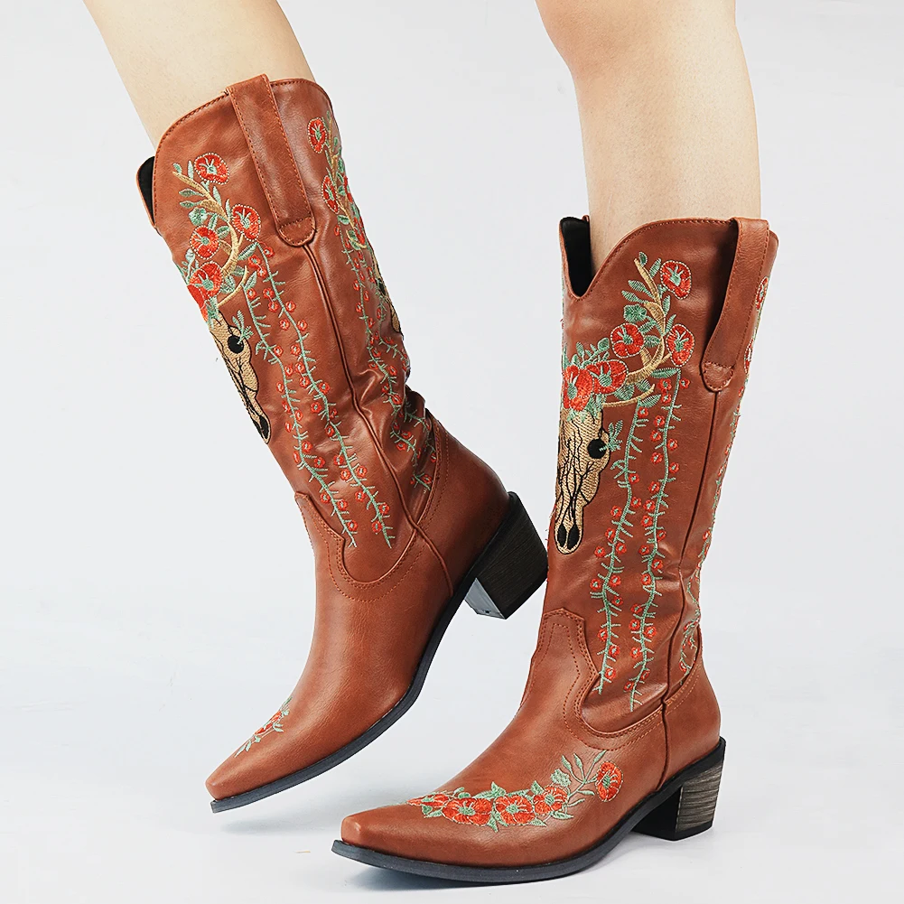 AOSPHIRAYLIAN Western Cowboy Boots For Women 2023 Sewing Floral Embroidery  Retro Cowgirl Women's Shoes Boots