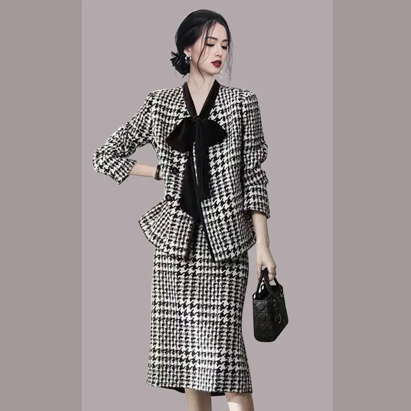 

WTIANYUW Runway Elegant Vintage Houndstooth Winter Women 2 Piece Set V Neck Bow Cardigan Woolen Tweed Coat+Long Skirt Suits