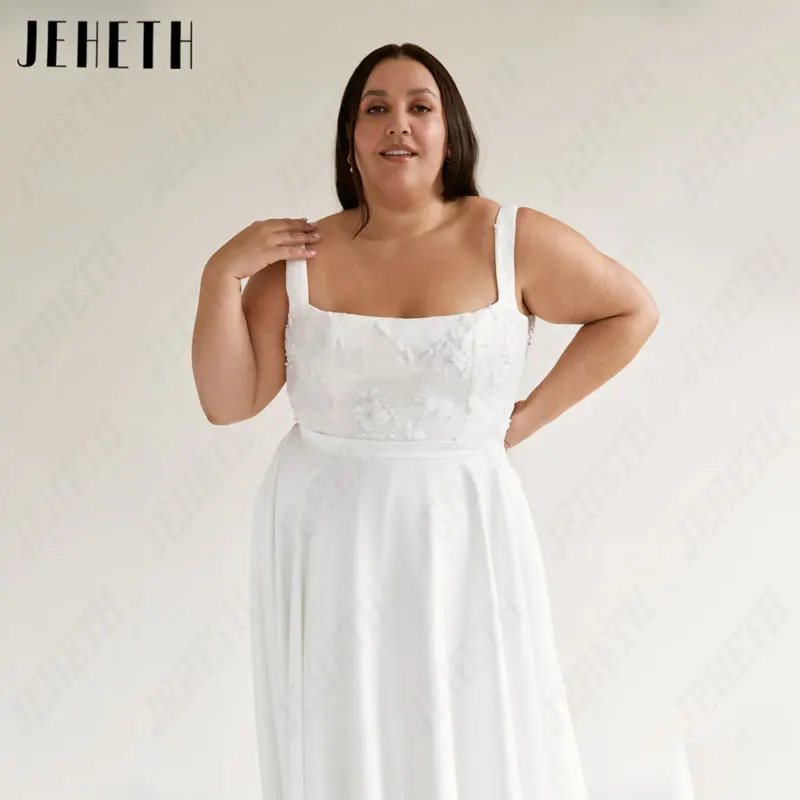 JEHETH Spaghetti Straps a-line abiti da sposa Plus Size Classic Satin Square Collar abiti da sposa Appliques White Robe De MariéeJEHETH Spaghetti Straps A-Line Abiti da sposa Plus Size Classic Raso Square Collar Abiti