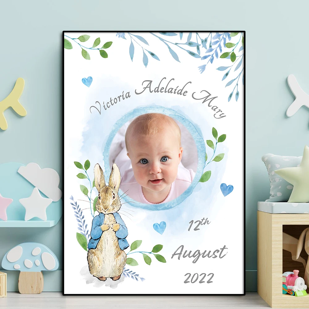 Baby Name Birth Info Photo Print Peter Rabbit Painting Personalized Wall Art Customizable Canvas Poster Nursery Kids Room Decor