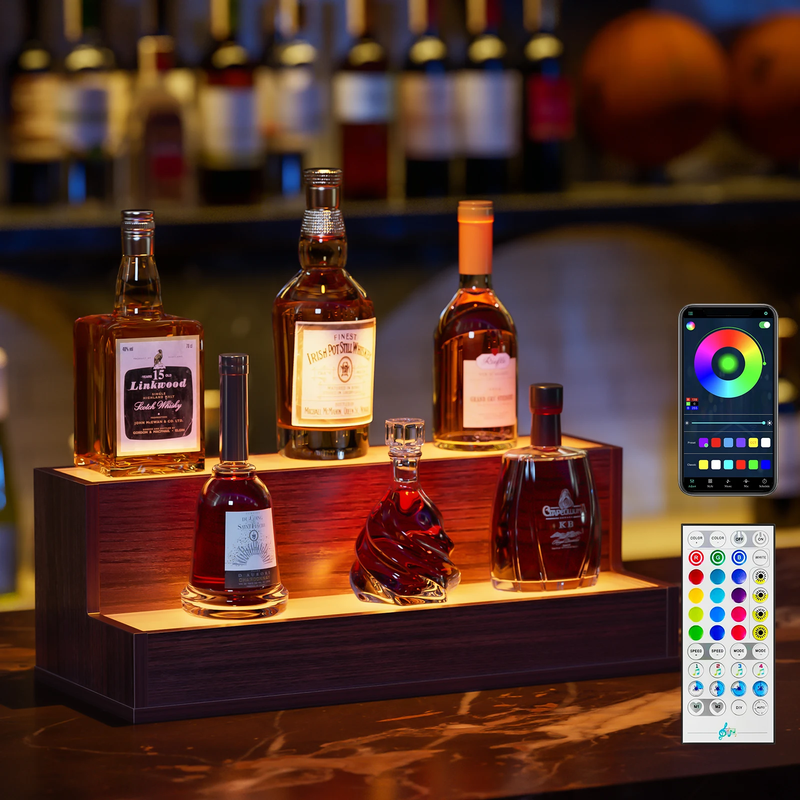 20 IN LED Lighted Liquor Bottle Display Shelf DIY Illuminated Walnut Bottle Shelf  With App Remote Control for Home Bar Party