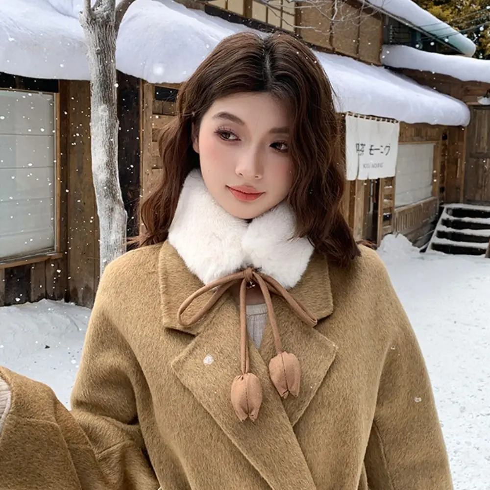 Japanese Sweet Rabbit Fur Earmuffs Headband Multi Functional Warm Scarf Tulip Flower Tether Neckerchief Fur Neck Warmer Travel