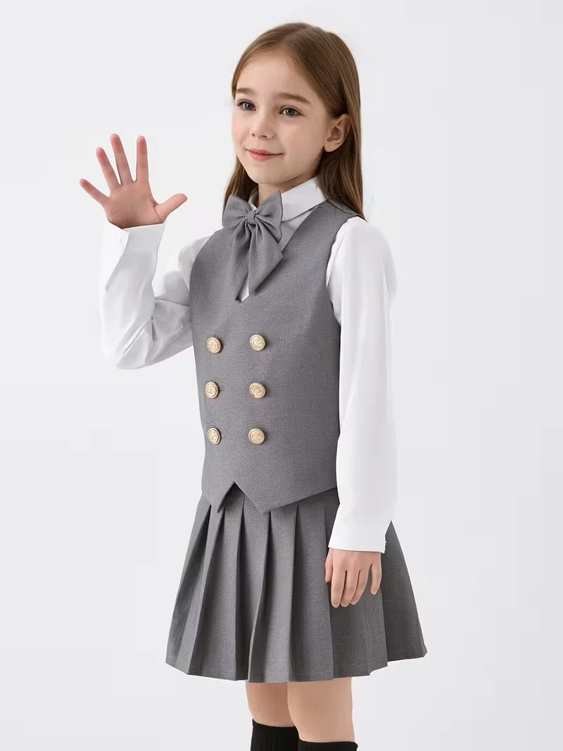 Boys British Double-breasted Vest Suit Pants Girls Skirt Kids Student Clothes Sets Toddler Waistcoat Suits Child School Uniforms