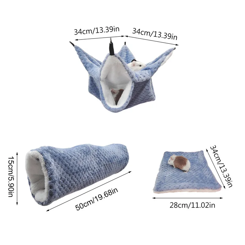 3pcs Hamster Hammock Tunnel Cushion Plush Hanging Cave Hut Winter Warm House Small Animals Hideaway for Guinea Pigs Sugar Glider