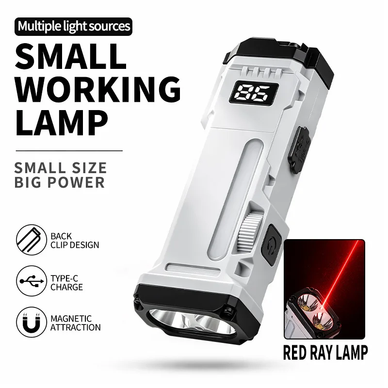 New LED Multifunction Flashlight Multi Light Source Magnet Pen Clip Red Laser Work Light EDC Portable Outdoor Pocket Camping