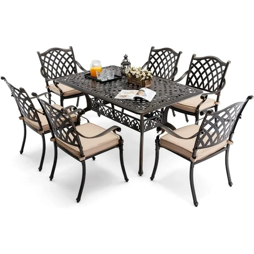 

Outdoor Dining Set ,Rectangular Table and 6 Chairs with Thicker Cushion and Umbrella Hole ,Cast Aluminum Retro Patio Dining Set