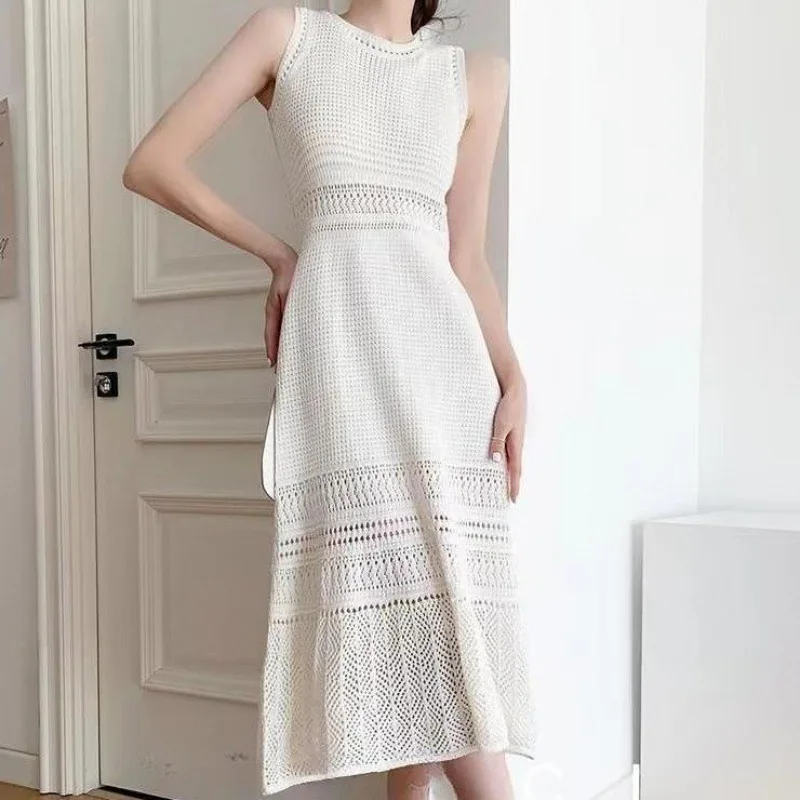 

Temperament Sleeveless Hollow Out One-piece Pullover Long Knitted Dress Vest Crochet A-line Calf Length Knit Dress