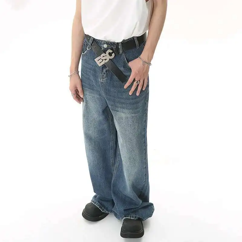 

Spring New Trendy Jeans Metal Ring Design Male Gradient Color Washed Straight Male Denim Pants Wide Leg Casual