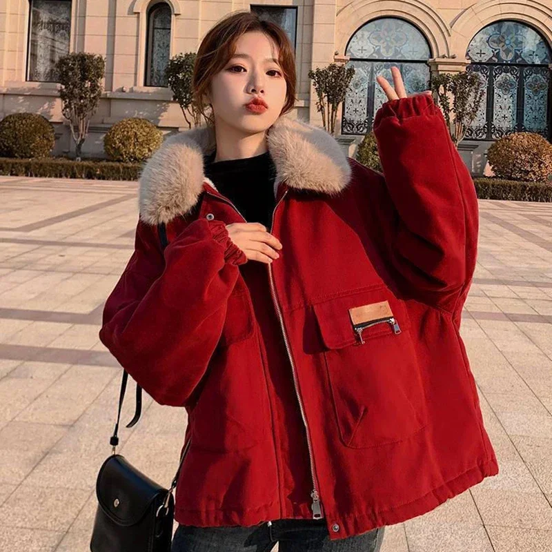 QNPQYX Korean Thick Fleece Women Winter Jacket Fashion Loose Warm Plush Parkas Female Elegant Lapel Zipper Pocket Velvet Coat