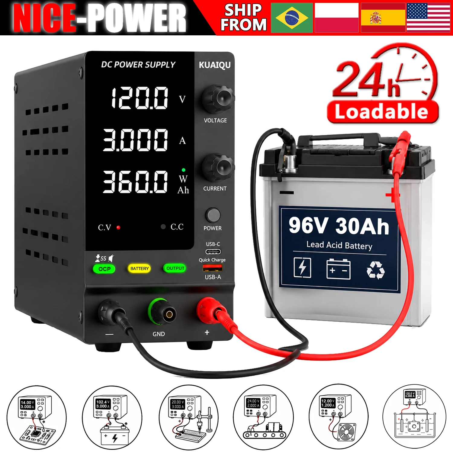 Alimentation électrique CC industrielle réglable 60V 120V, chargeur de batterie haute précision avec affichage Ah, sortie continue pour test de circuits imprimés, Expédié depuis la Pologne