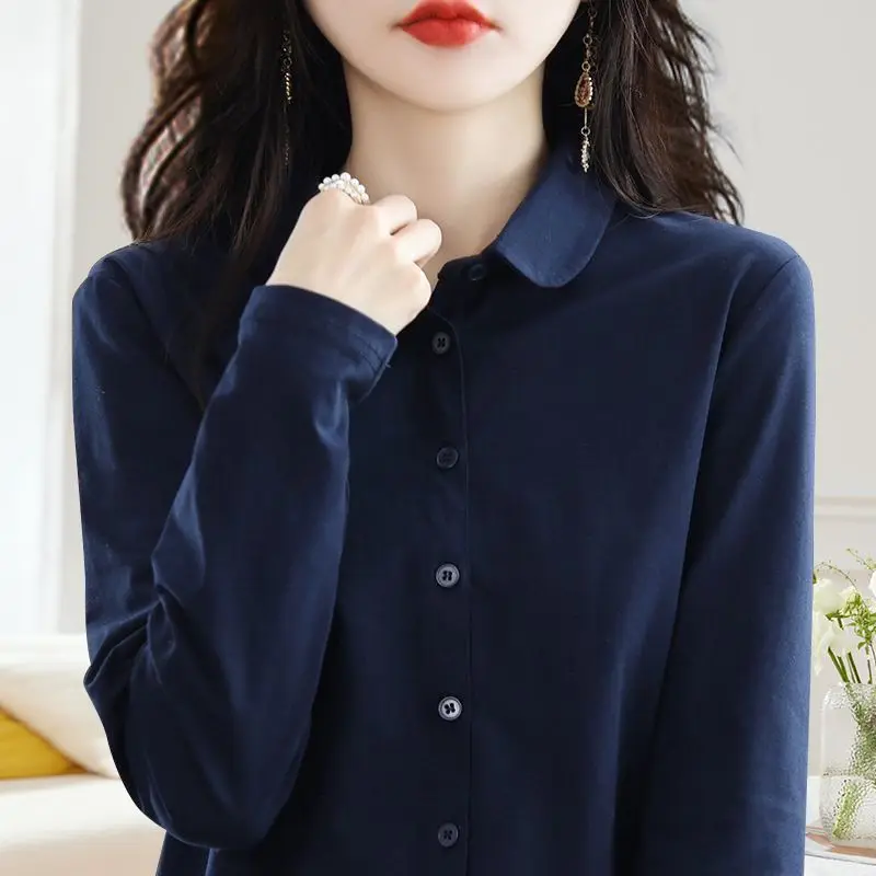 Hot Selling Large Size Pure Cotton Long Sleeved Shirt for Women\'s Spring Autumn Elegant High-end Base Shirt Loose Slimming Top