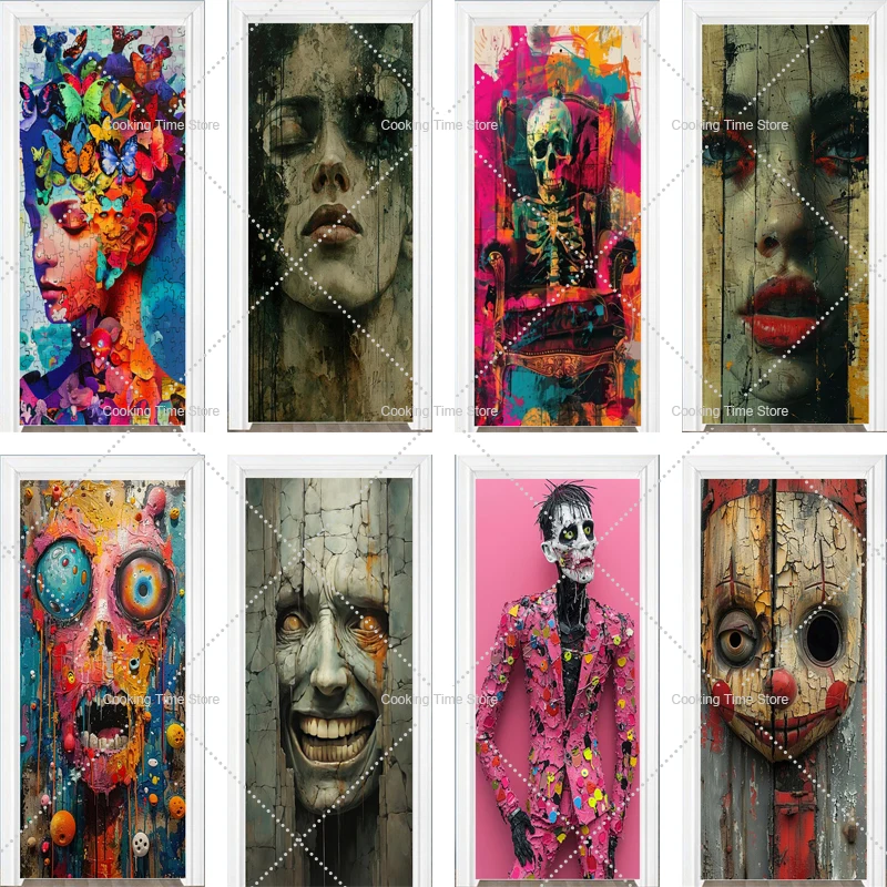 Graffiti Series 3D Waterproof Vinyl Door Stickers Verisimilitude Rupture Face Door Wallpaper Sticker for Bathroom Home Poster