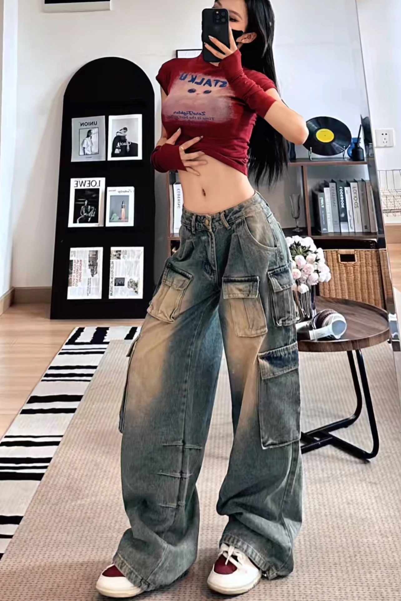 Jean rétro américain pour hommes, vêtements décontractés, Design Multi ket, pantalon ample à jambes larges, vêtements de travail pour jeunes Faion