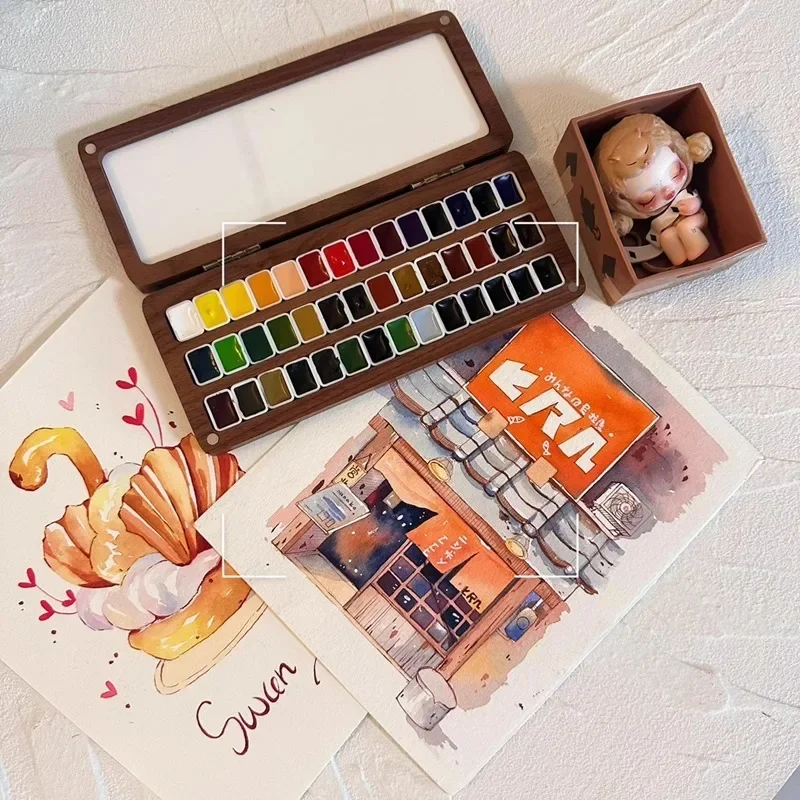 36grid Wooden Watercolor Paint Storage Empty Box Art Supplies Tool Student Outdoor Palette Watercolor Comic Paint SubpackageTool