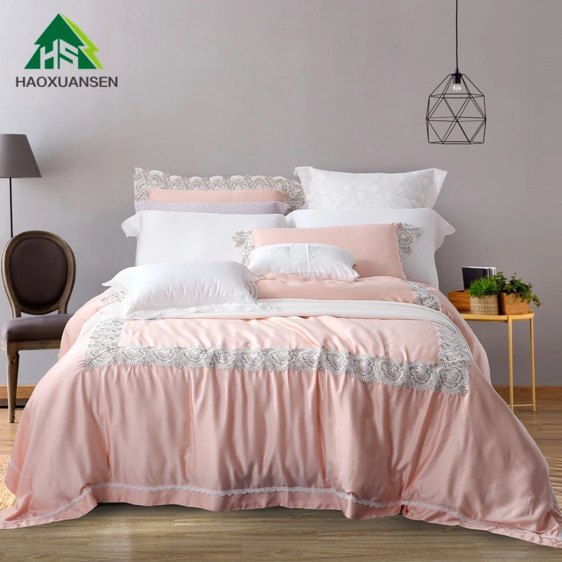 

Jade Pink Lace Flowers 4/7Pcs Bedding Sets Mulberry Silk Like Softness Quilt Cover Pillowcase Sheets Bedspread Cushion Cover