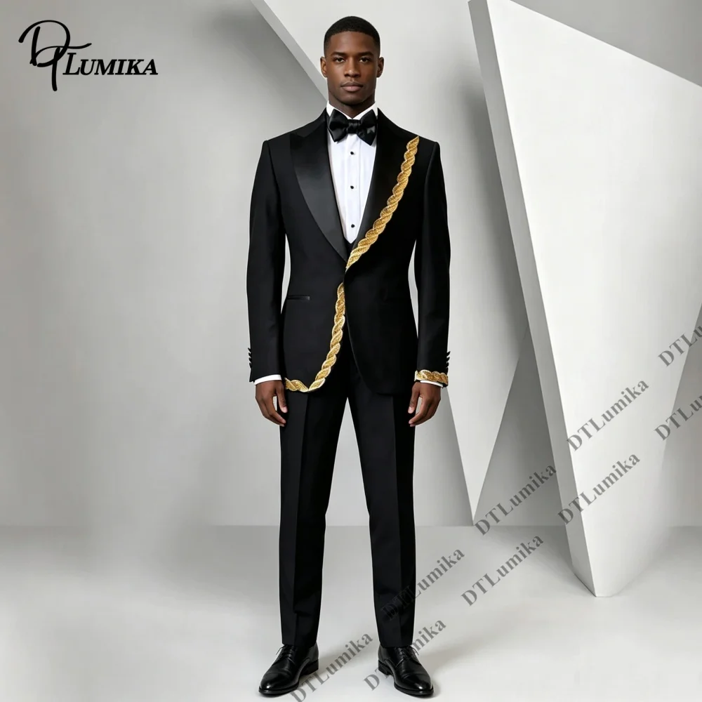 Men's Tuxedo Suit 2 Piece Black Gold Braid Embroidery Slim Fit Wedding Groom Prom Party Formal Blazer Pants Set Tailored Fitting