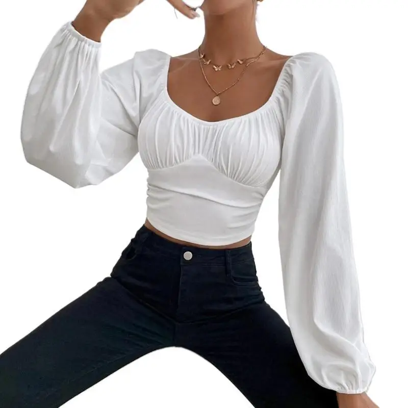 652F Wit Corset Top Y2K Crop Tops Vierkante Hals T-shirt Dames Streetwear T-shirts Met Mouwen