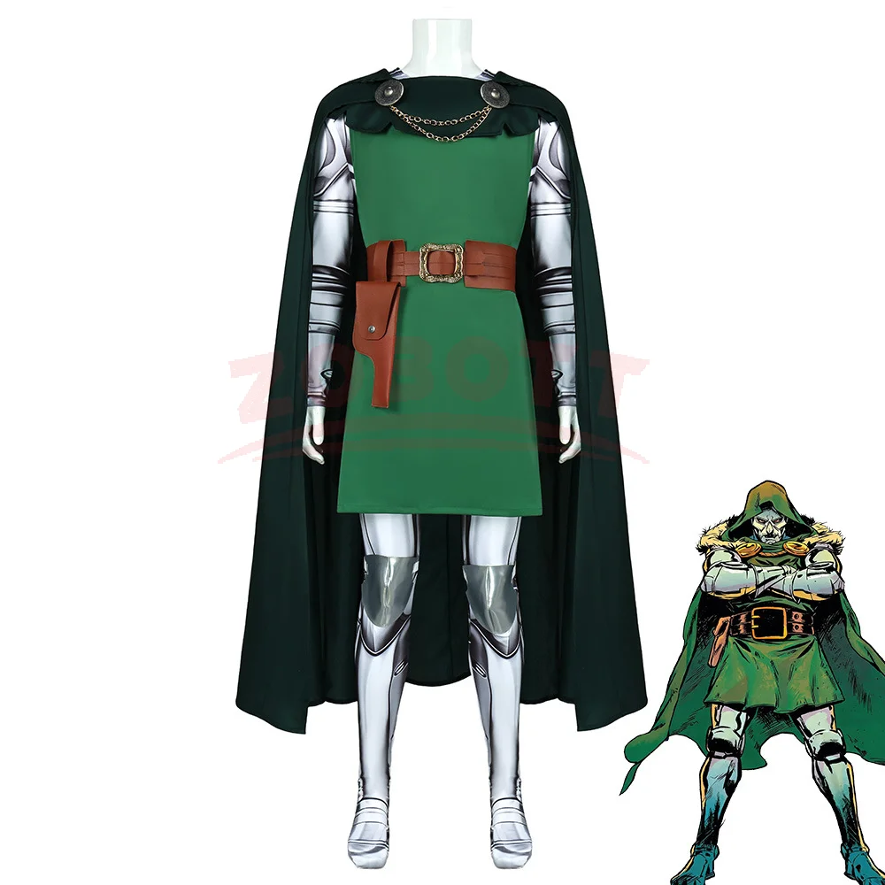 Grüner Kapuzenumhang Doktor Cosplay Dooms-Rüstung Kostüm Dooms Day Maske Komplettset Rollenspiel-Uniform für Männer Halloween Comic Con Party