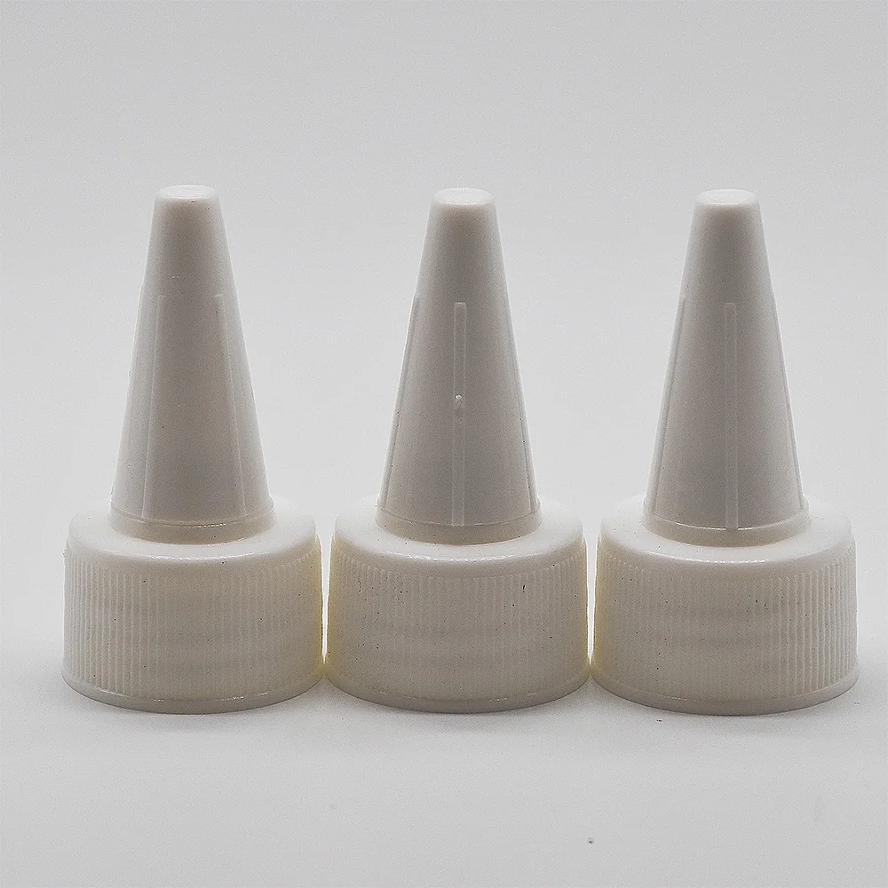 20pcs 24/410 흰색 플라스틱 병 뚜껑 긴 노즐 트위스트 오픈 디스펜스 캡 헤어 젤 접착제 Dropper 병 액세서리