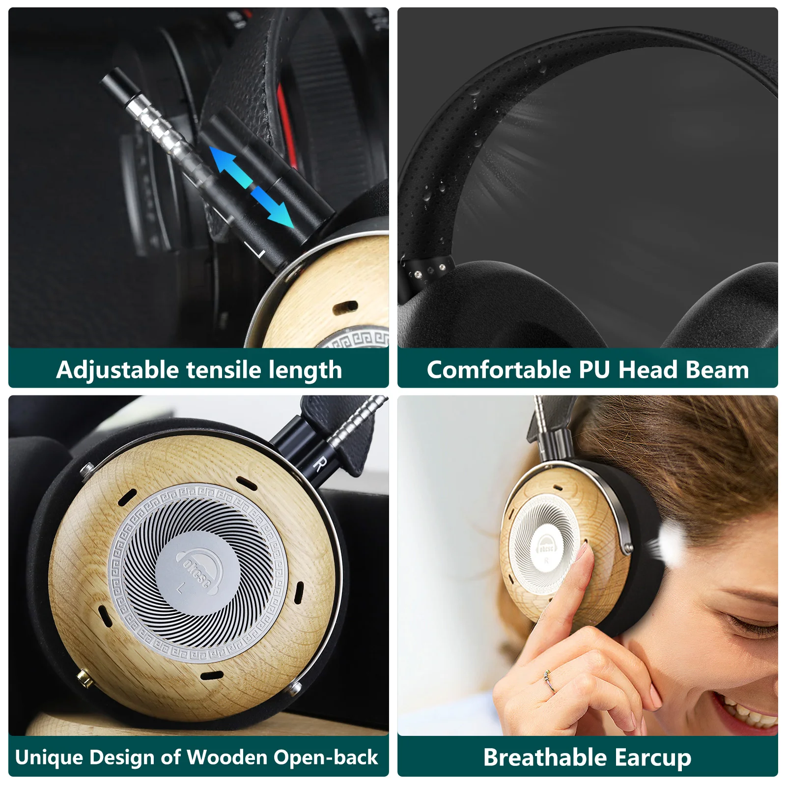 Okcsc Damo Wooden Open-back Headphones Detachable Wired 50mm Driver Headsets With 3.5mm Stereo Audio Plug 6.35mm Adapter