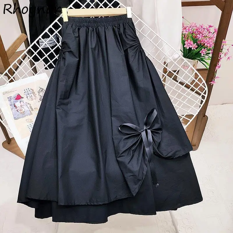 

Women Midi Skirts Black White Big Bow Sweet A-line Irregular Summer Korean Style Clothing Pure Designer Kawaii Temper All-match