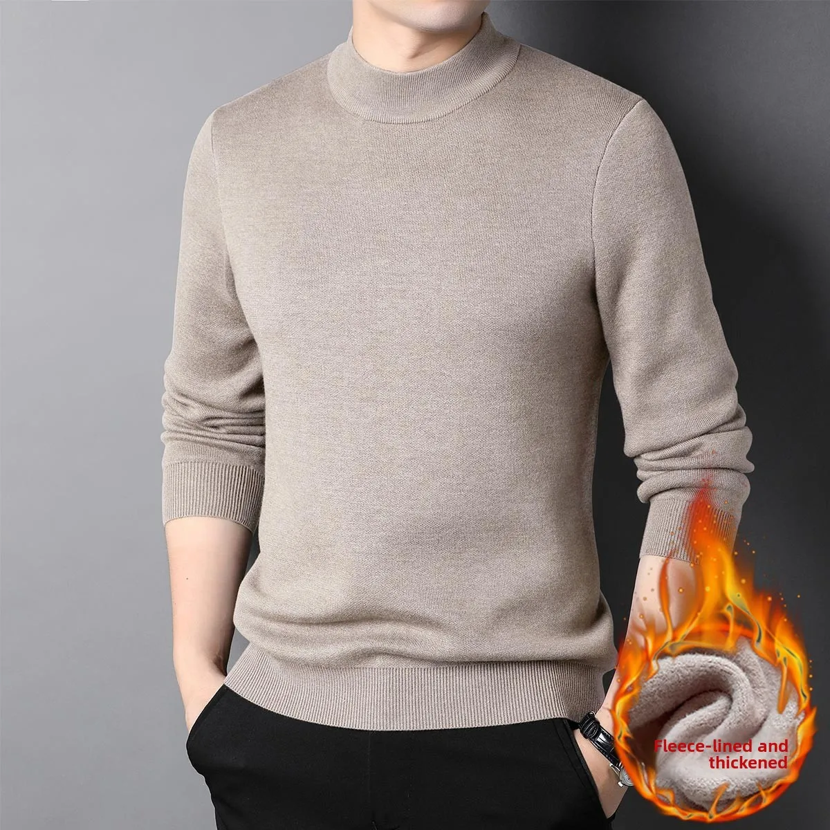 

Thiened Mid-Ne Inteated Fce Knitted Sweater Men's Winter Warm Inner Wear Faion Urban Sle Polyester Fiber Long Sl...