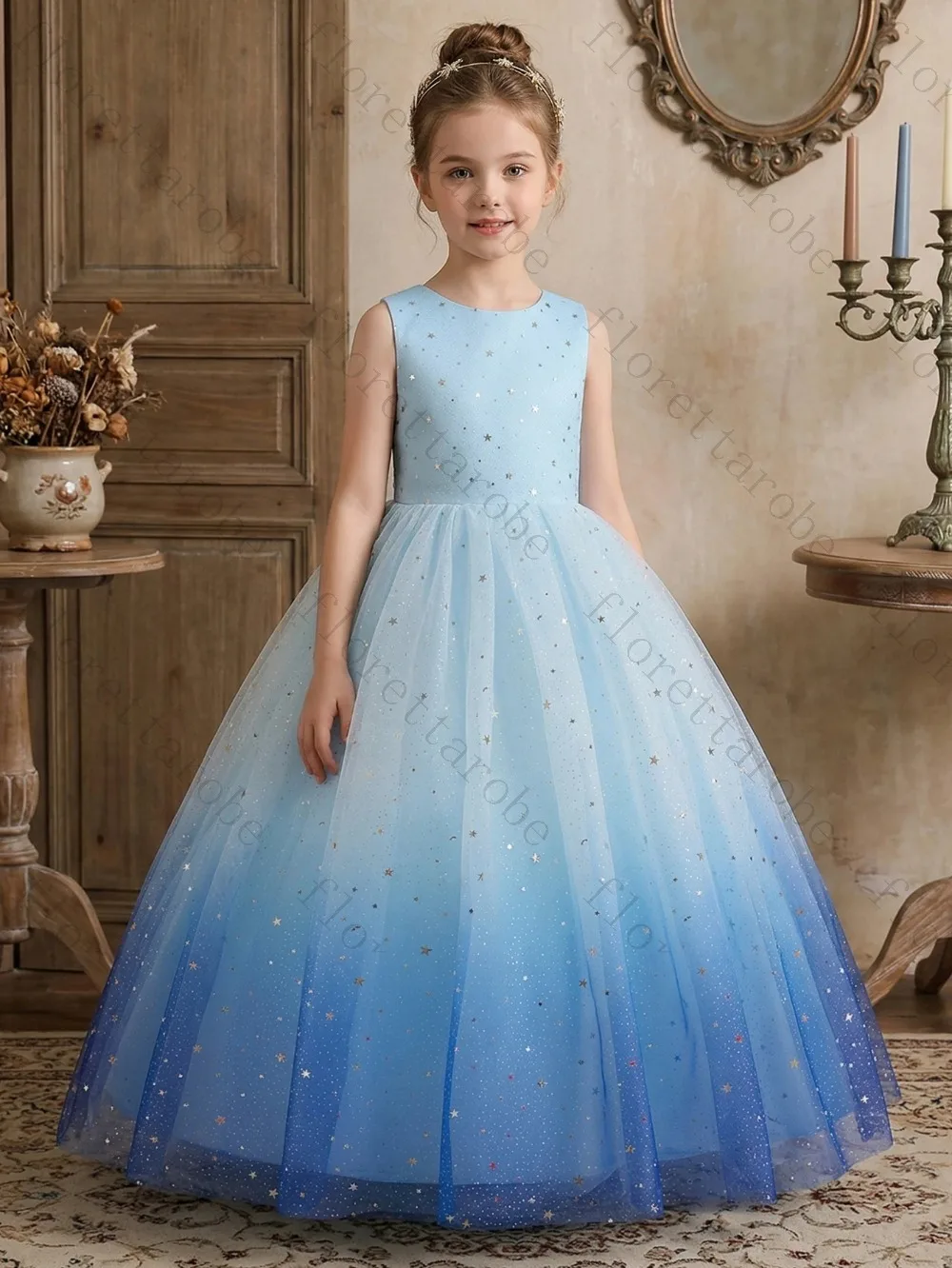 Custom Sleeveless Crew Neck Gradient Sky Blue Tulle Flower Girl Dresses Star Sequins A-Line Floor Kids Wedding Pageant Gowns