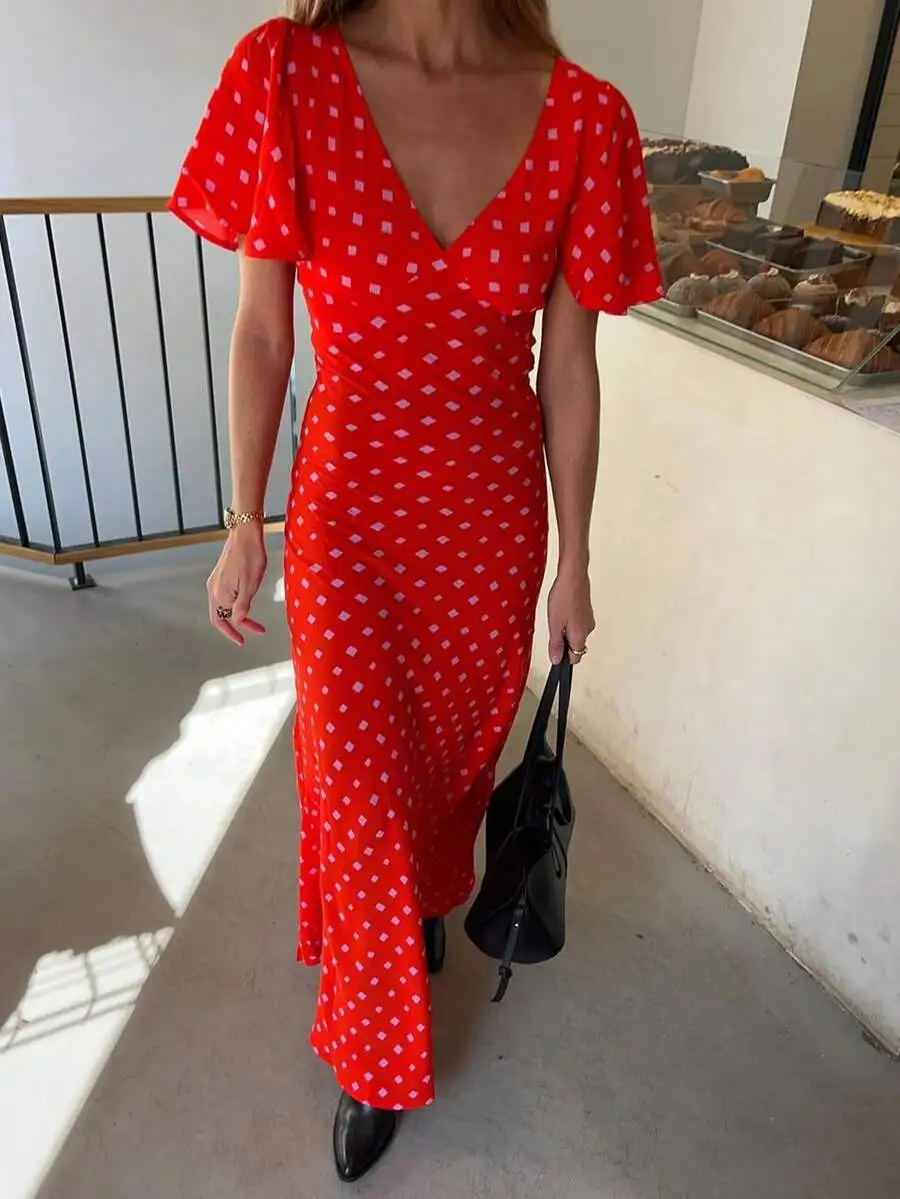 

Elegant Red Polka Dot V-Neck Short Sleeve Wrap Dress For Vacation Party Daily Wear