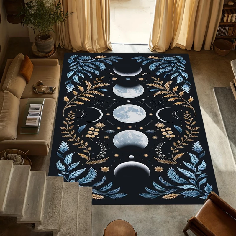 Boho Triple Moon Phase Area Rug Celestial Botanical Print NonSlip Washable Floor Mat for Living Room Bedroom Witchy Decor
