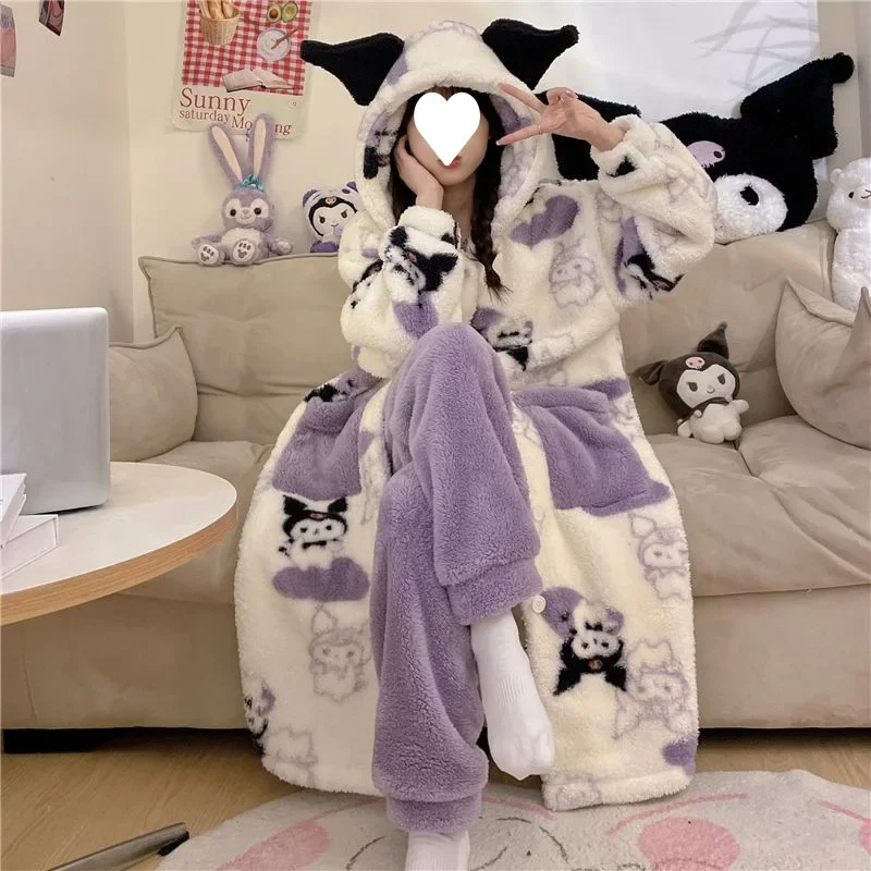 

New Sanrio Kawaii Anime Cartoon series Kuromi Creative Exquisite Cute Girl Winter Thickened Pajamas Home Nightgown Hot Sale