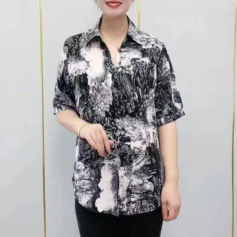 Casual Vintage Printed Loose Shirt Female Clothing Commute Short Sleeve 2023 Summer Fashion Turn-down Collar All-match Blouse